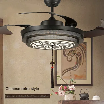 

Chinese Retro Invisible Ceiling Fan Light Black Wrought Iron Fan Light Living Frequency Conversion Lamp Electric Fan