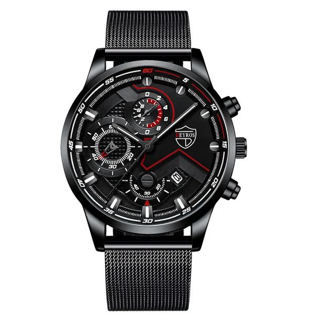 часы мужские Luxury Mens Quartz Stainless Steel Mesh Belt Casual Watches Men Leather Business Date Luminous Watch reloj hombre Mesh Black Black