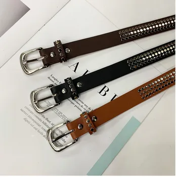 

2019 new female rivet black red coffee brown camel ladies belt 102cm punk rock leather belt