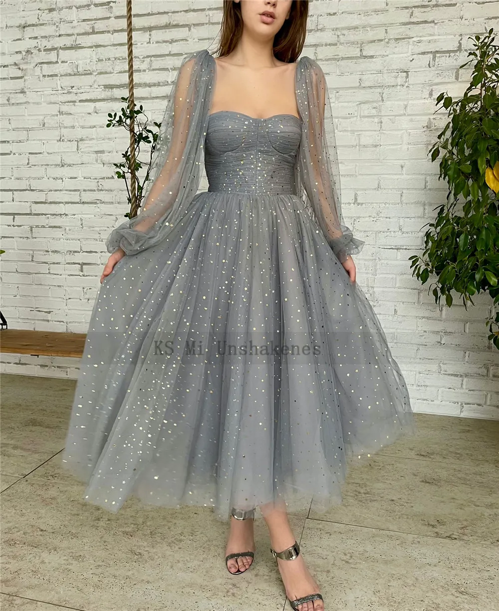 Starry Tulle Gray Prom Dresses Capelet Midi-length Wedding Party Dress Puff Long Sleeve Cheap Homecoming Christmas Gowns 2022 navy blue prom dresses