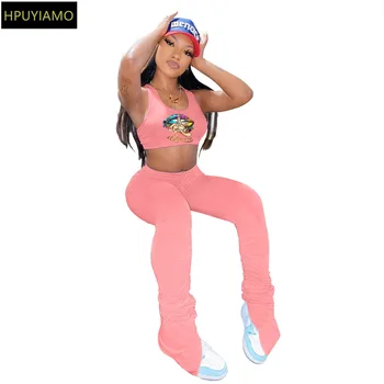 

Mouth Print Sleeveless Crop Tank Tops and Split Hem Stacked Trouser Activewear Matching Sets Casual Sporty Workout 2 Piece Suits