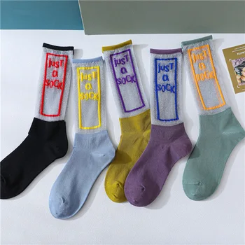 

SP&CITY Original Transparent Women Socks Letter Embroidered Short Funny Socks For Female Tulle Breathable Casual Hipster Sox