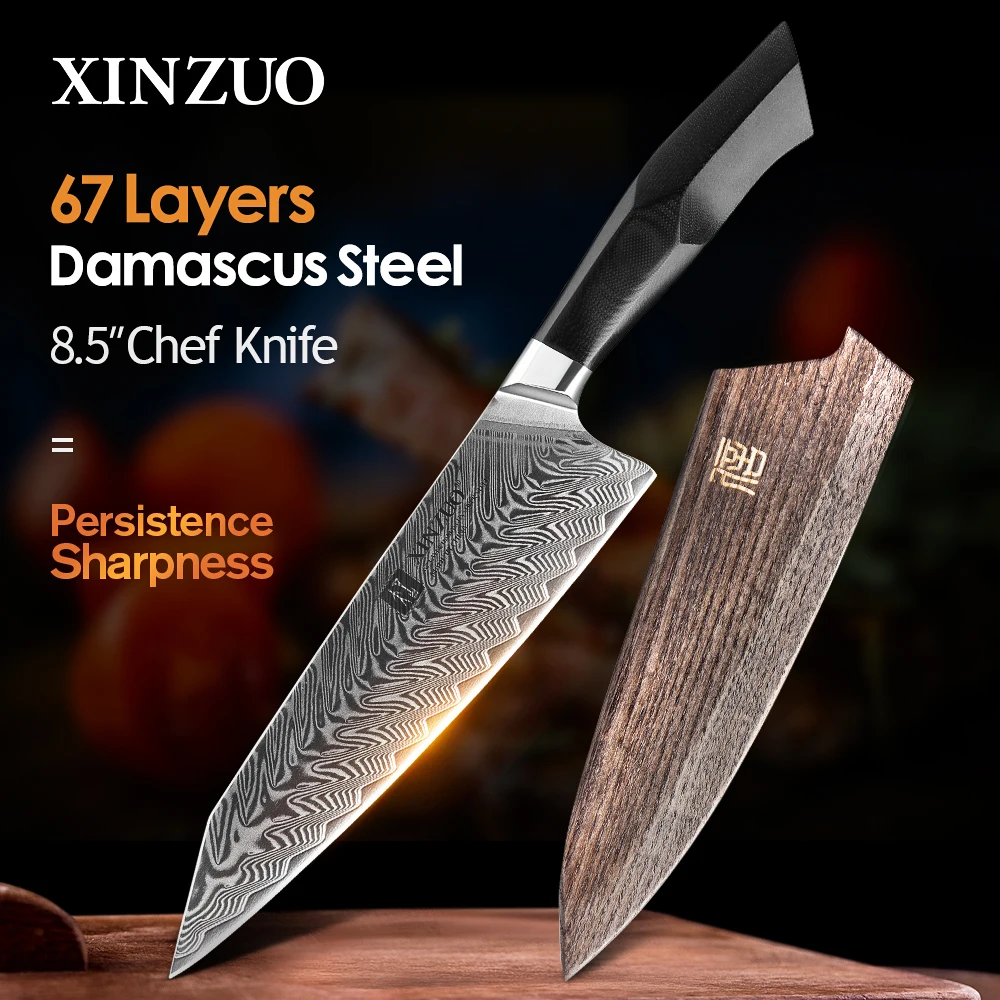 XINZUO 8.5'' inches Chef Kitchen Knives Damascus Steel Vegetable Meat Knife with G10 + Mosaic Brass Rivet Handle Cooking Knife