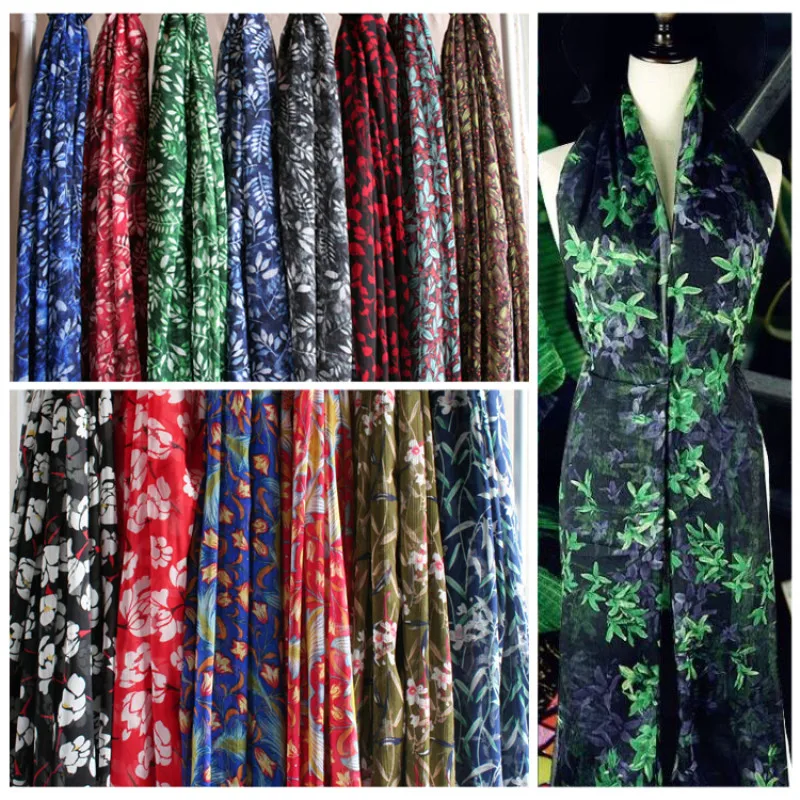 Полуметр мягкий цветок свежие листья дерева шифоновая ткань с рисунком для женской одежды шарф Солнцезащитная одежда T427