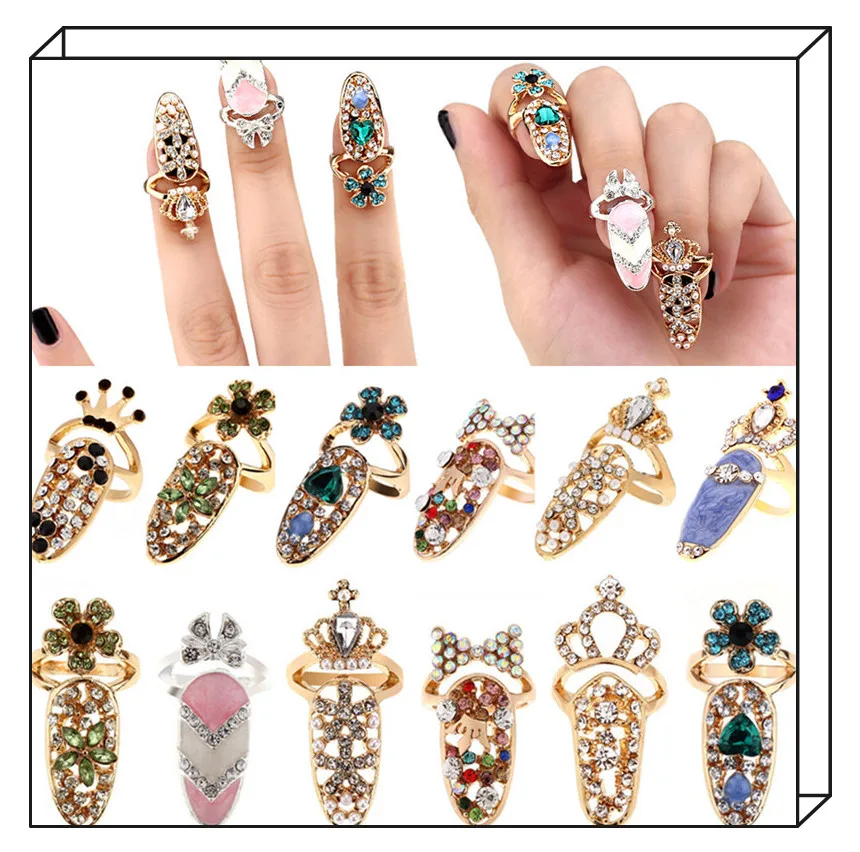 Lady Bowknot Crown Nail Ring Crystal Finger Nail Rings For Women Charm Flower Rhinestone Fingernail Protective Fashion Jewelry