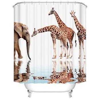 

Safari Animal Shower Curtains, African Wildlife Giraffe Elephant Reflection in Water Funny Bath Curtain Art Print Fabric