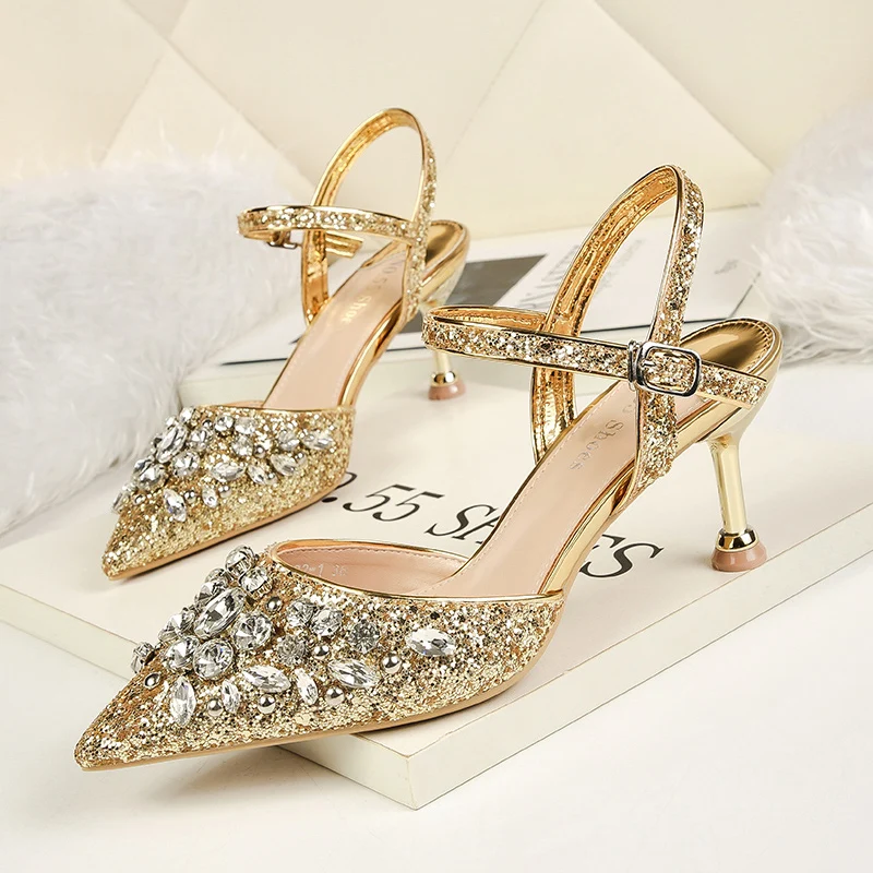 

2020 Women Summer 6.5cm High Heels Crystal Luxury Sandals Lady Silver Glitter Pumps Female Footwear Sequins Wedding Bridal Shoes