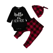 Infant Baby Clothes New Style Boys Girls Black Letter Print Romper+ Red Plaid Pants+Hat Outfits 3pc Sets conjunto infantil