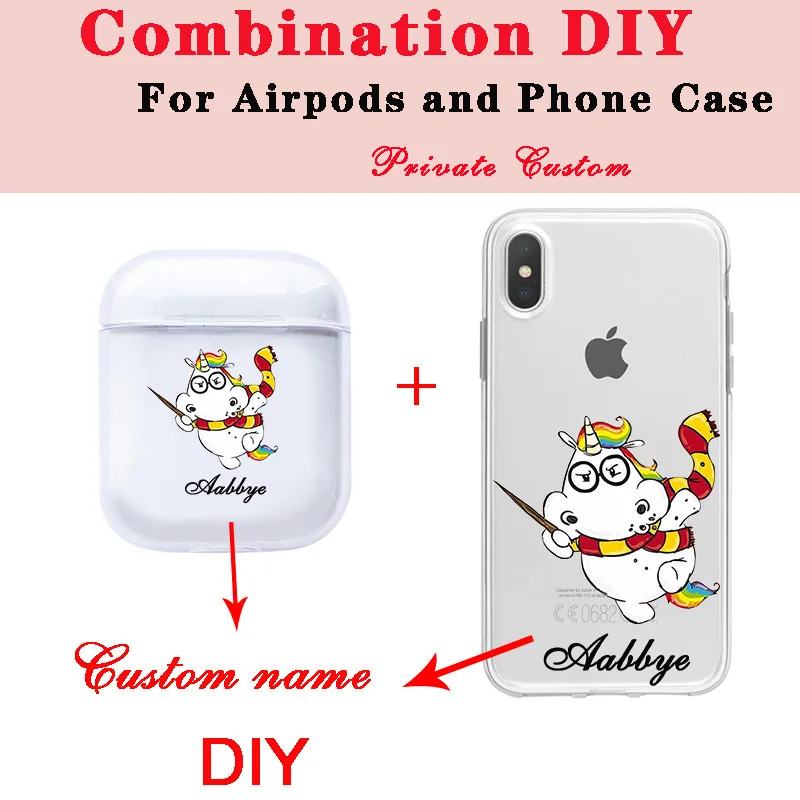 

Cute Cartoon Unicorn Soft Earphone Case For Apple Clear Airpods Cases DIY Name Customized Combination of Airpods and Phone Case