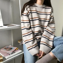 

Pullovers Women Soft Autumn O-Neck Sweaters Chic Daily Tops Womens Pullover Sweet Student Striped Knitted Loose Outwear Harajuku