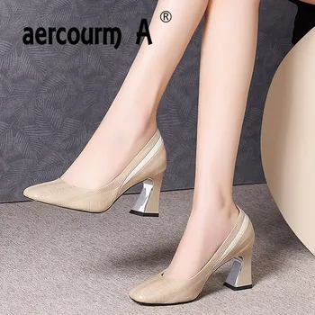 

Aercourm A 2020 High Heels Women Pumps Natural Genuine Leather Thick High Heels Shoes Real Leather Bow Square Toe Shoes Lady man