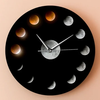 

Battery Powered Round Living Room Moon Phase Home Decor Modern Office Eco Recycled Quartz Pointer Silent Wall Clock Acrylic