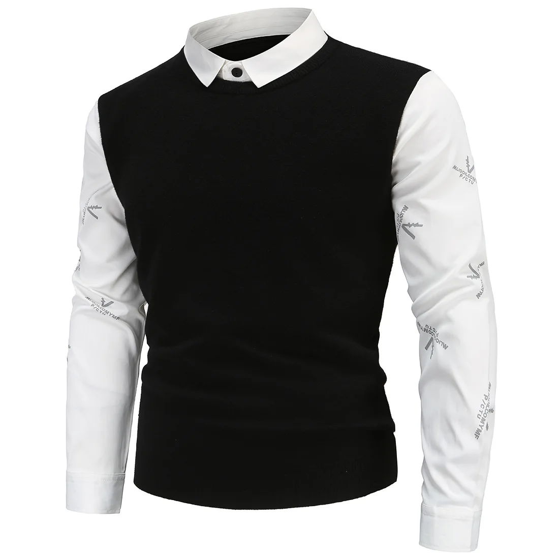 

YM607 British Slim Fit Men's 2021 Autumn and Winter Vacation Two Piece Design Pullovers Shirt Collar Printed Sleeve Sweater