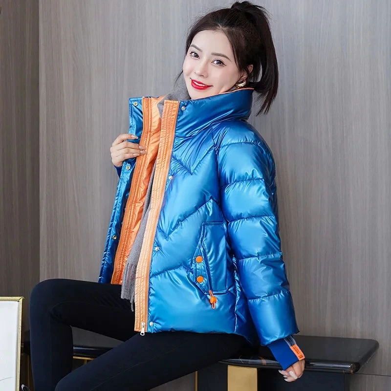 

Women's Winter Clothing Glossy Down Cotton Cropped Jacket Stand Collar Knit Cuff Loose Parkas Warm Waterproof Coat Streetwear