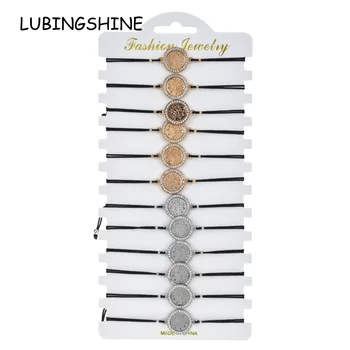 

Vintage Women 12pcs/Set Tree of Life Charms Braided Bracelet Adjustable Rope Chain Rhinestone Gold Silver Color Jewelry Gift
