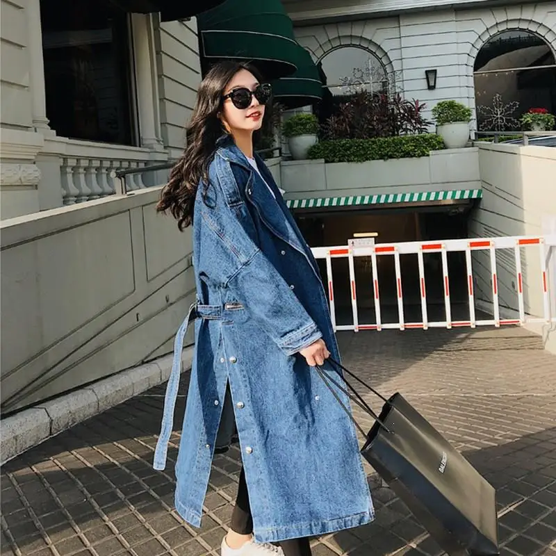 

Women Casual Single-Breasted Denim Trench Blue Belt Loose Windbreaker Female Lace Up Long Jeans Outwears