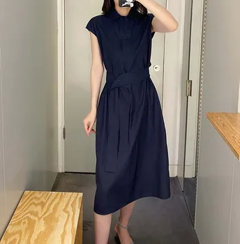 

2020 Summer niche women's Midi Dress Sleeveless navy blue turn-down collar buttons shirt long dresses with sashes