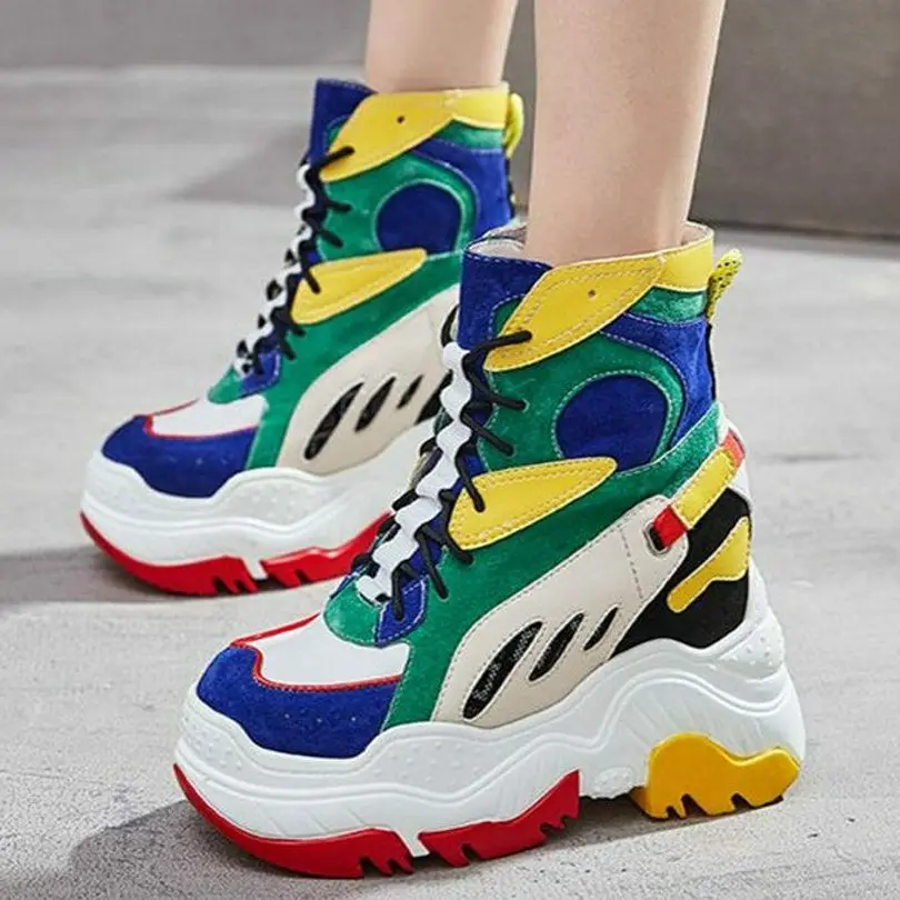 

Increasing Height Fashion Sneakers Women Leather Round Toe Platform Wedge Ankle Boots High Heels Motorcycle Creepers Goth Pumps