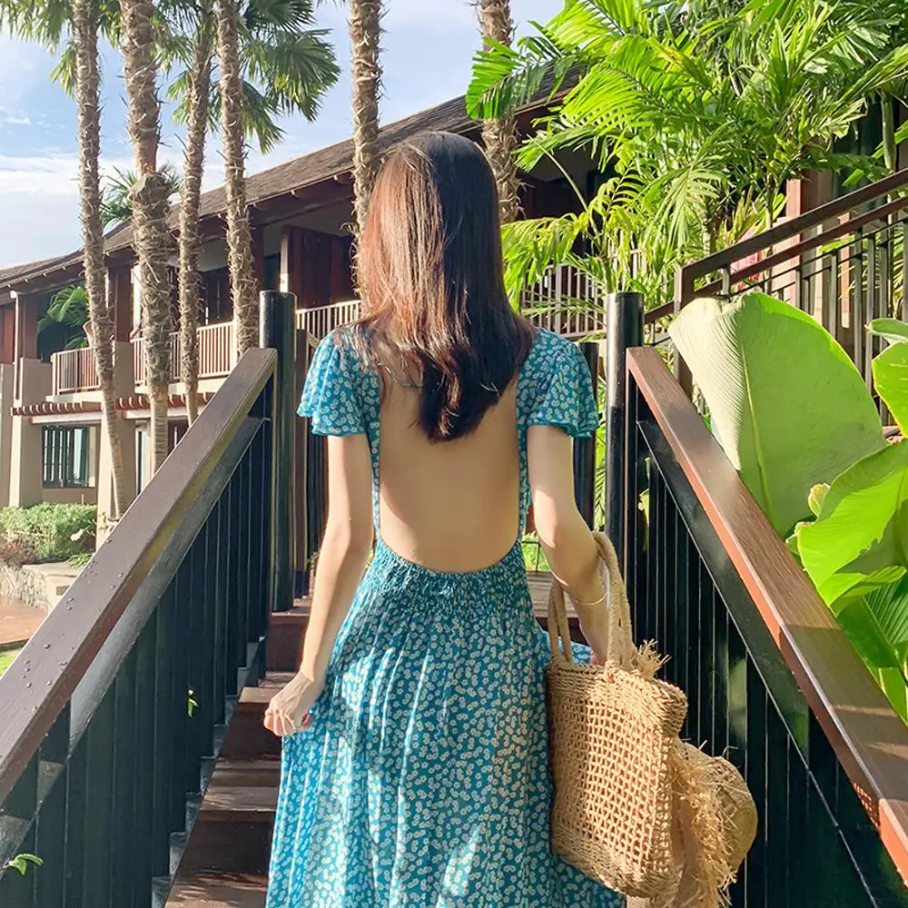 Heydress 2020 женское богемное голубое платье с принтом и открытой спиной сексуальное