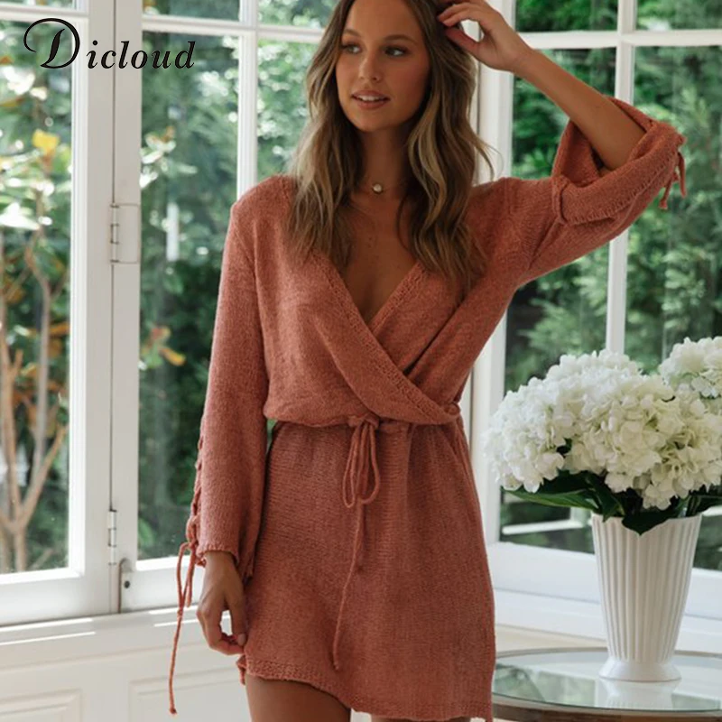 DICLOUD, шнурок, Boho, одноцветное, вязанное платье-свитер, женское,, длинный рукав, Осень-зима, сексуальное, с глубоким вырезом, v-образный вырез, на шнуровке, вечерние платья