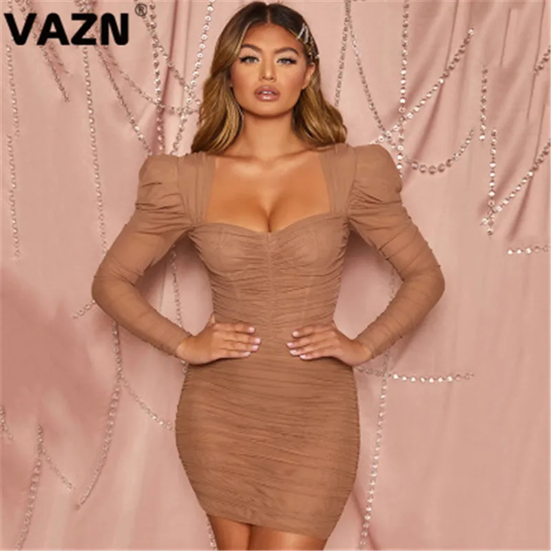VAZN Новое поступление для зрелых лет неопрятное сексуальное Клубное модное однотонное платье без бретелек с длинным рукавом тонкое эластичное женское мини-платье с высокой талией