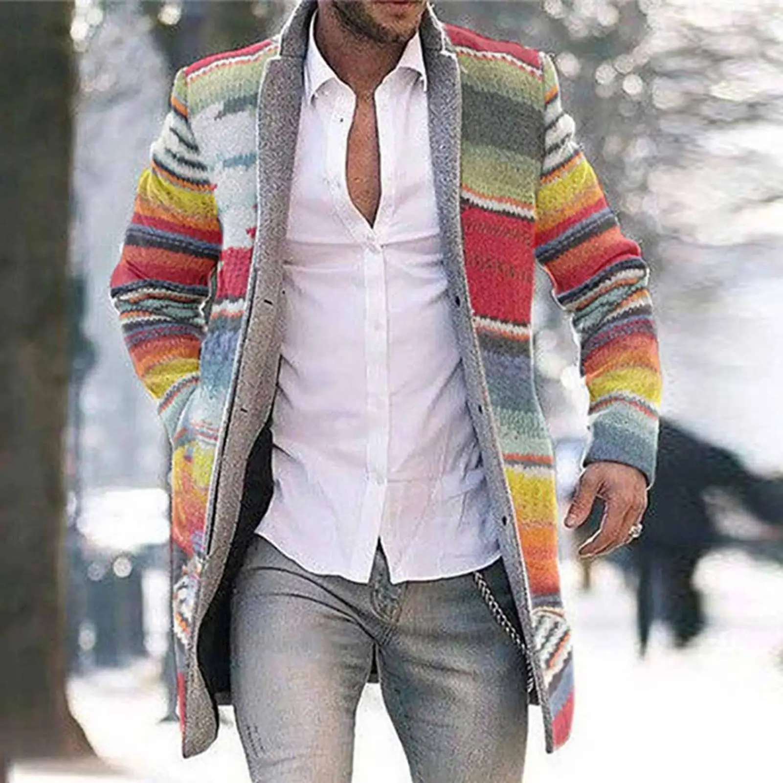 

Men Autumn Winter Rainbow Stripes Open Front Long Sleeve Trench Coat Overcoat