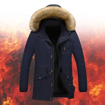 

Mens Winter Removable Plush Hooded Jacket Faux Fleece Lined Solid Color Thicken Warm Parka Coat Outwear with Pockets