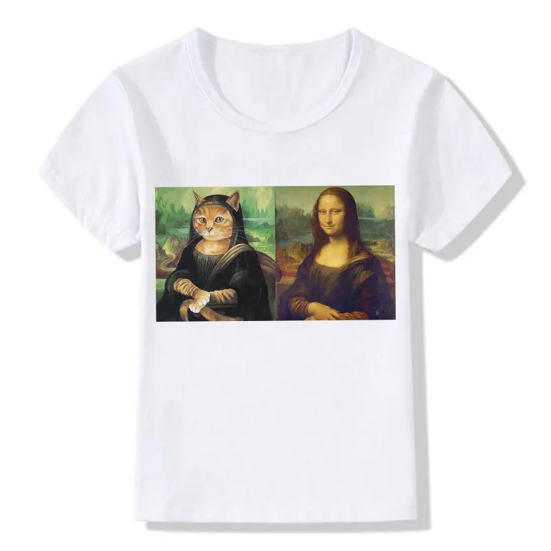 Летняя футболка детские милые Забавные топы с принтом Monla Lisa для девочек, модная футболка для мальчиков повседневная креативная футболка с круглым вырезом Kawaii