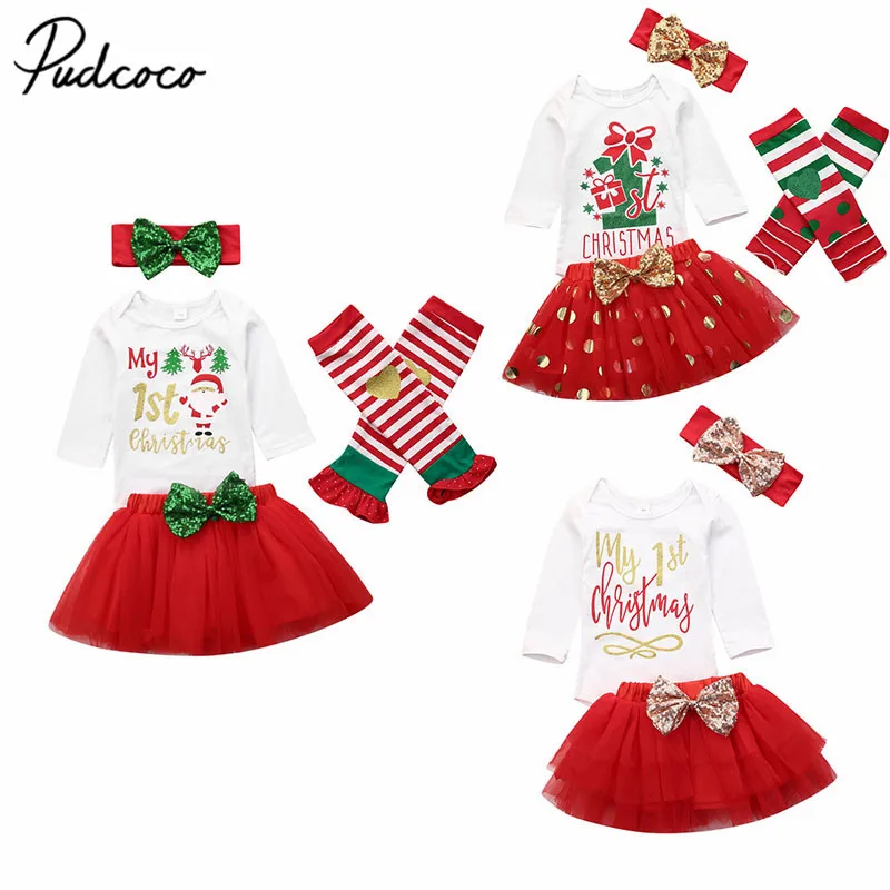 Рождественская одежда для малышей, наряд на Рождество для новорожденных девочек, комбинезон, топы, юбка-пачка, гетры, повязка на голову, рождественские костюмы, 0-18 месяцев
