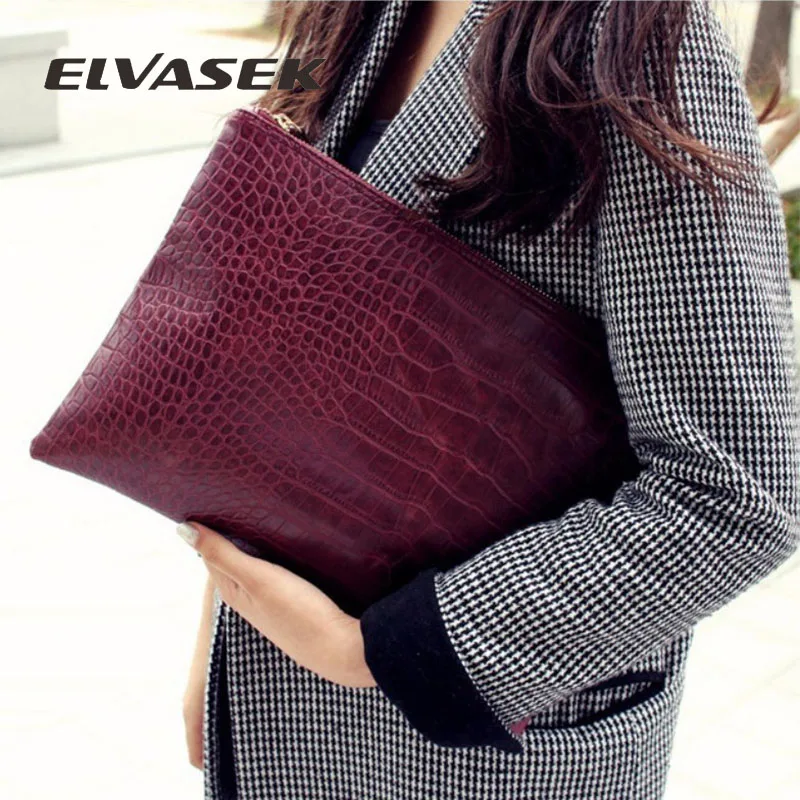 

ELVASEK 2019 Women solid clutches bags PU fashion envelope bag clutch purses crocodile pattern gift for girl friend