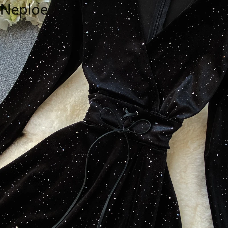 Neploe Осень Зима Новое Элегантное вельветовое платье в стиле ретро вечерние платья с высокой талией на бедрах ТРАПЕЦИЕВИДНОЕ ПЛАТЬЕ с длинным рукавом Кружевное черное платье Ropa 47005