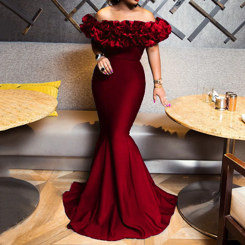 

Red Bodycon Mermaid Long Dresses African Women Evening Party Dress Summer Sexy Ruched Off Shoulder Red Elegant Robe De Soiree