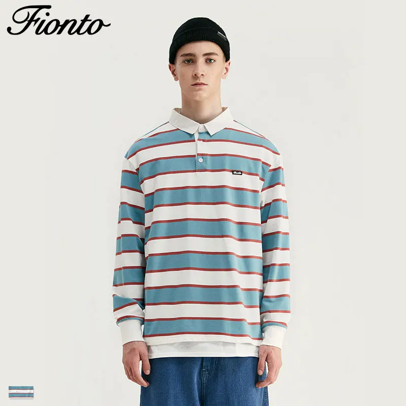 

Fionto Men's 2019 Autumn New Retro Street Men's Joker Thick Stripe Loose Long Sleeve T-Shirt