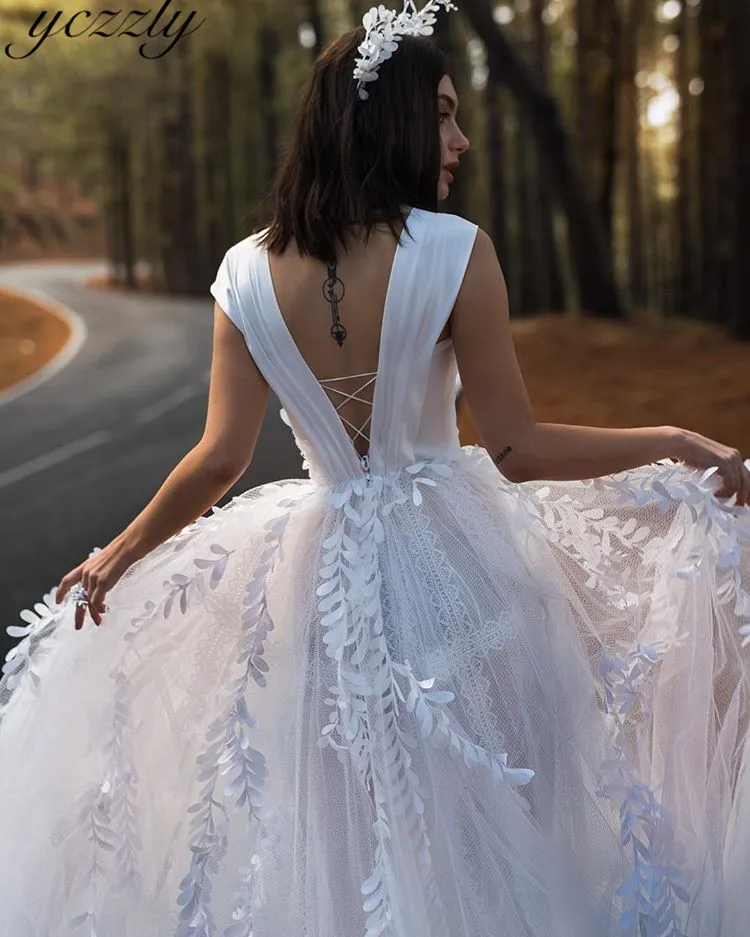 Vestido De Noiva великолепное бальное платье с v-образным вырезом кружевное свадебное платье с аппликацией Длинные свадебные платья без спинки одежда с рукавами W147