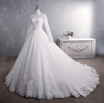 Abito da sposa musulmano 2021 elegante collo alto con strascico abito da sposa principessa abito da sposa ricamato in pizzo di lusso Vestido De Noiva