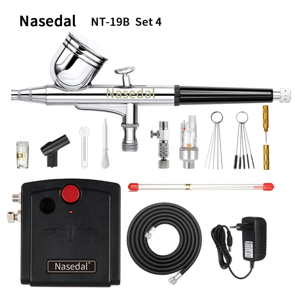 NT-19B Set 4 Nasedal Dual-Action Airbrush Compressor Kit 0.3mm Air brush Spary Gun for Cake Decoration Nail Art Model Car Painting Spray Tool - Цвет: NT-19B Set 4