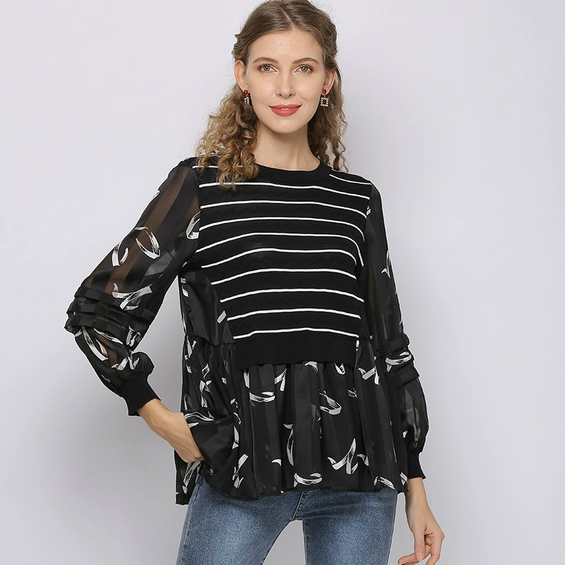 

Striped Knitted Sweater Blouses Women Tops O-neck Print Striped Long Sleeve Pleasted Sweaters Elegant Casual Outerwear T20616