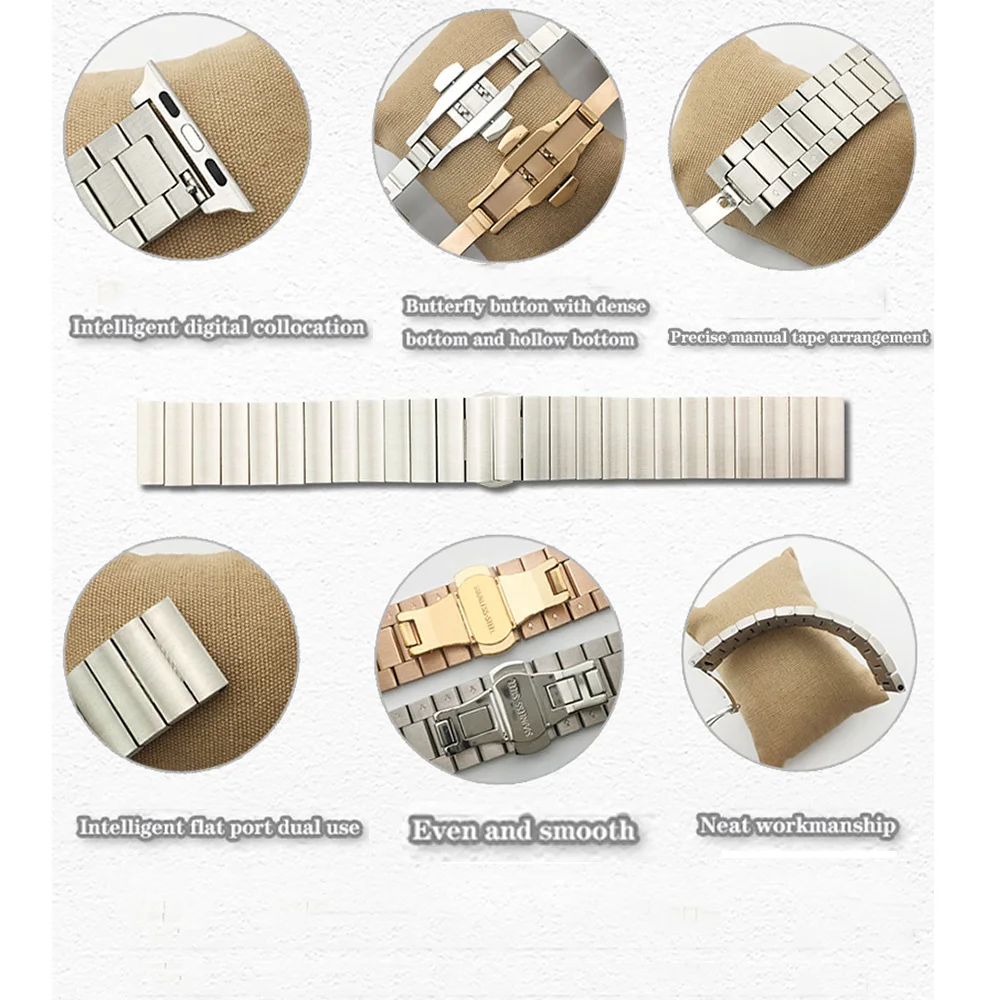 Greatest Quality solid Watchband For Apple watch band Butterfly buckle 38 40 41mm 42 44 45 mm Stainless steel Watch Strap