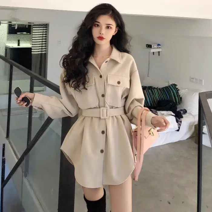 

Woolen Blend Coat Women Autumn Winter Vintage Single Breasted Belt Long Slim Jacket Button Turn Down Collar Elegant Outwear
