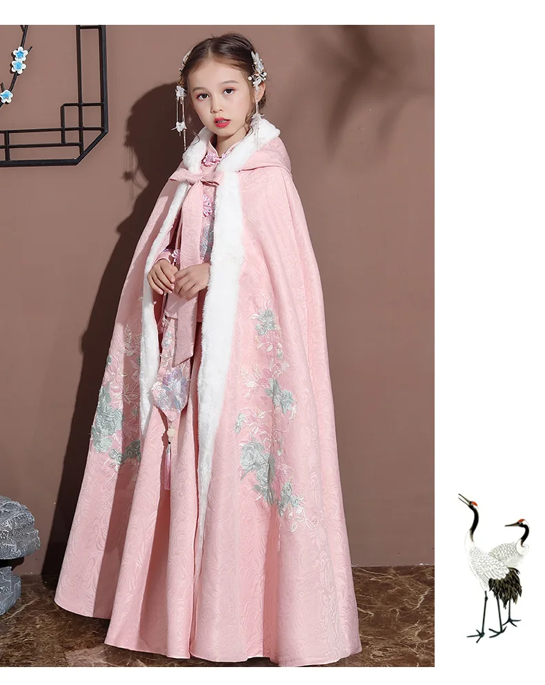 Hanfu/накидка для девочек; Новинка; длинный плащ с вышивкой в китайском стиле; детская Мантия в древнем стиле; детская одежда на год; сохраняющая тепло