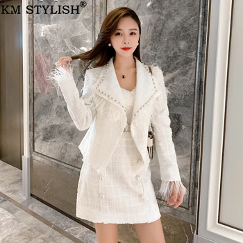 

Women Clothes White 2 Piece Sets 2019 Autumn Office Lady New Tweed Rhinestone Bead Pearl Feather Jacket + High Waist Skirt Suits
