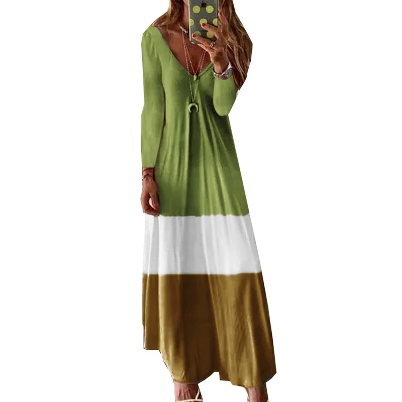 

Women Long Dress Autumn Winter Plus Size Patchwork Casual O-Neck Straight Slim Long Sleeve Dress Female Midi Dress Elegant 2019