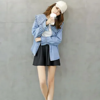 

Embroidered Flares Peter Pan Collar Womens Sweet Style Shirts Spring Korean Qualites Flare Sleeve Plus Size Female Denim Shirts