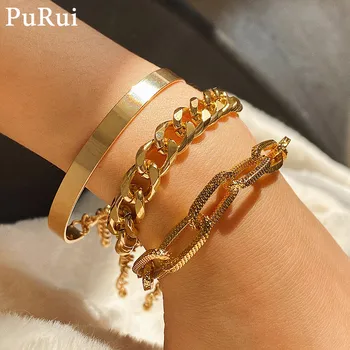 

Purui 3Pcs/Set Snake Chain Bracelets Set for Women Bohemian Thick Iron Link Bracelet Bangles Punk Hand Fashion Jewelry Charm