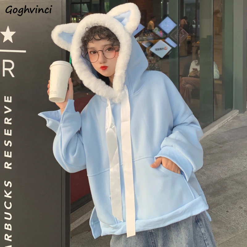 Harajuku Толстовка Женская синяя однотонная Kawaii Большие размеры корейский стиль модная одежда Женская толстовка с капюшоном Женская Толстая Повседневная Мягкая