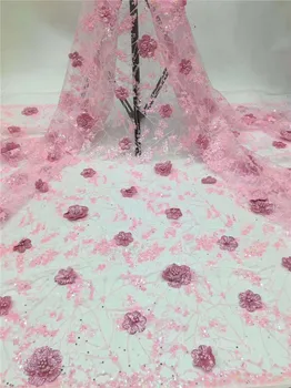 

Latest pink party 3D flower French net lace fabric with beads for elegant dress PAN145(5yards/lot) multi color