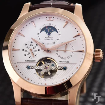 

Luxury Brand New Men Automatic Mechanical Stainless Steel Moonphase Black Brown Leather Sapphire Tourbillion Watch Perpetuel AAA