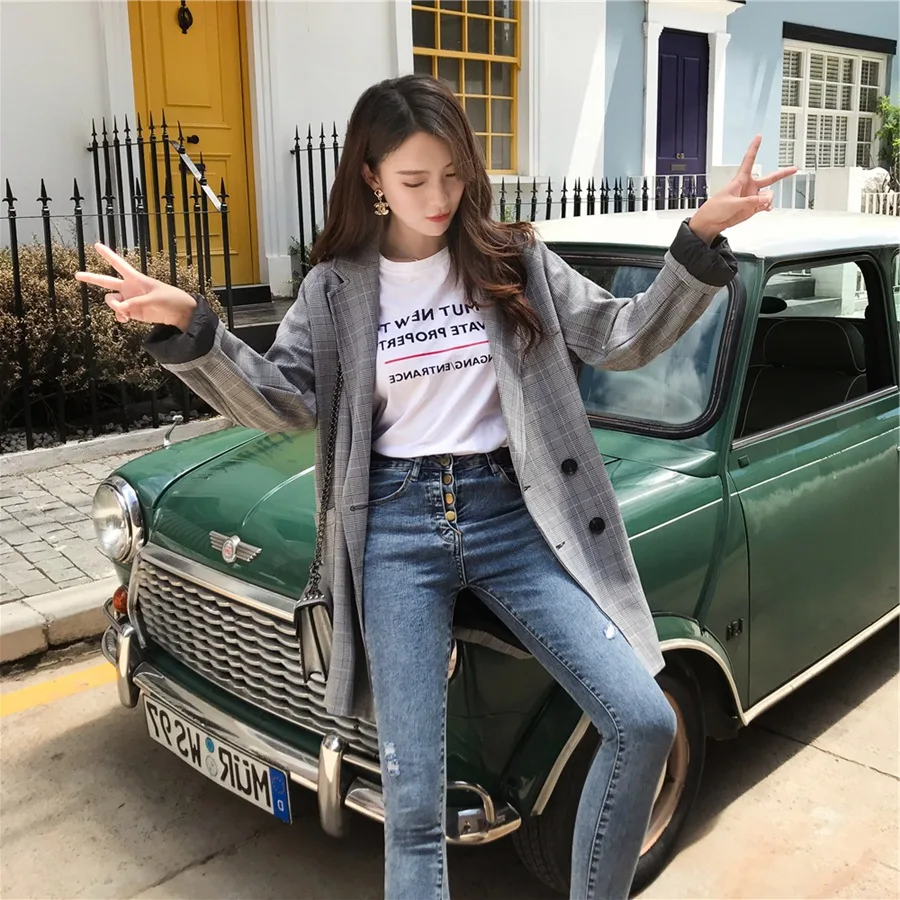 

2018 Autumn New Style BF Style Loose-Fit Plaid Coat Korean-style Fashion Western Style Profile Suit Middle Long Coat