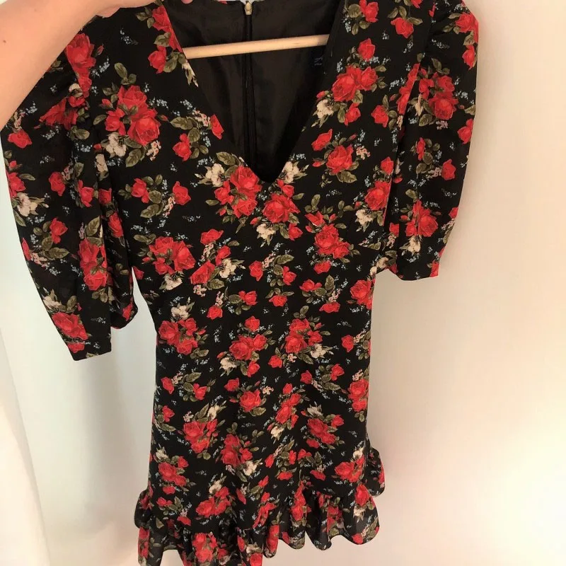 2020 Summer Vintage Floral Women Mini Dress Korean Ruffle Puff Short Sleeve V Neck Dresses Vestidos Feminimo