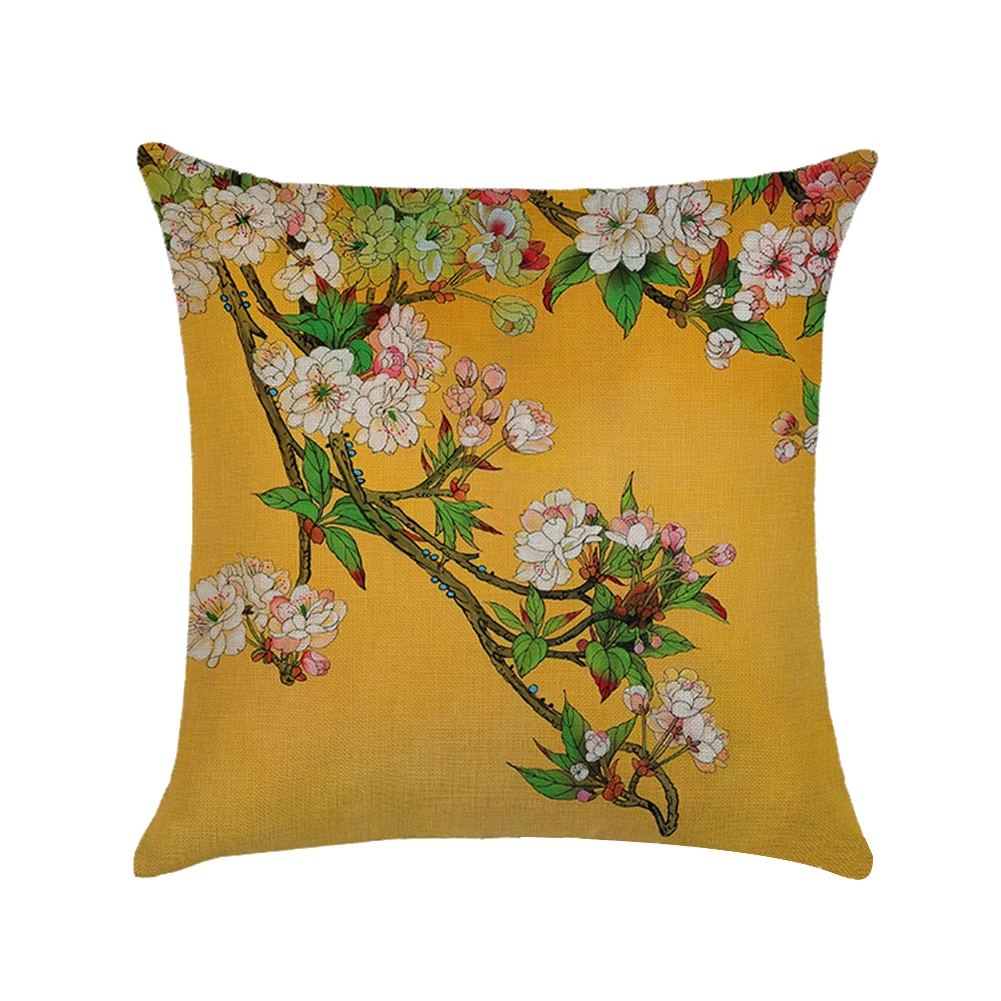 Linen Flower Bird Tree Throw Pillow Case Cushion Cover Home Sofa Cafe Car Decor Throw Pillow Cover Chinese Flowers Pillowcases